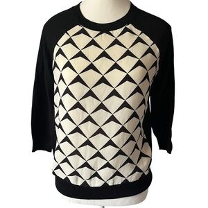 J. Crew Knit Top Wool Blend Women's XS Black Off White Geometric Pattern Office‎